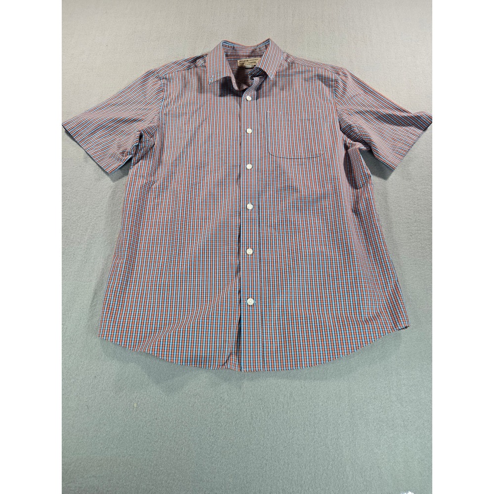 Duluth Trading Co Button Down Mens M Blue Orange Wrinklefighter Relaxed Fit‎ SS